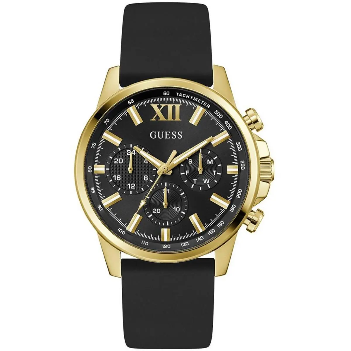 Guess Men`s Watch Walker Yellow Gold Case Black Dial Silicone Strap GW0913G2