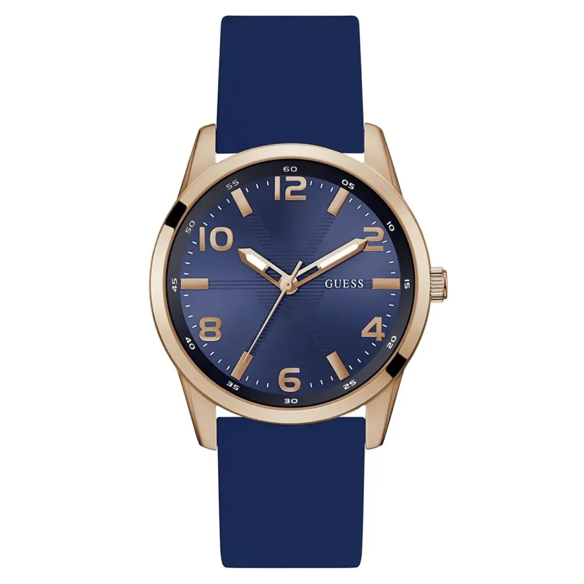 Guess Men`s Watch Monte Quartz Rose Gold Case Blue Silicone Strap GW0805G3