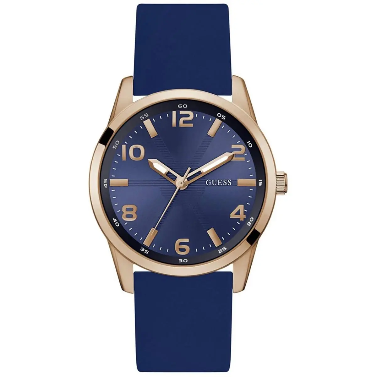 Guess Men`s Watch Monte Quartz Rose Gold Case Blue Silicone Strap GW0805G3