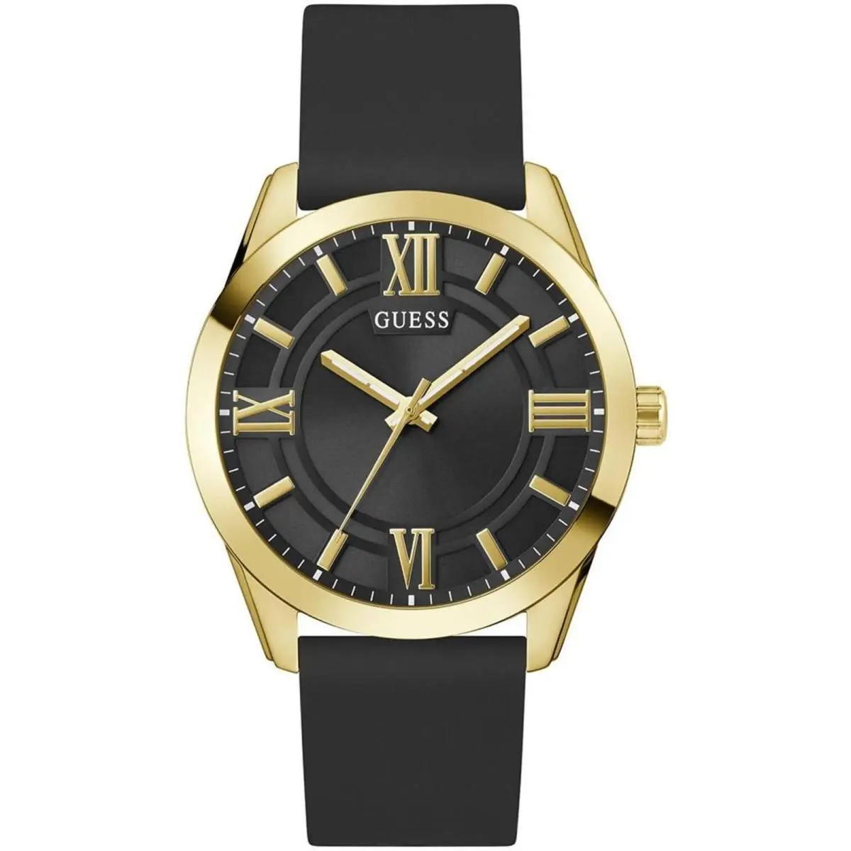 Guess Men`s Watch Elliot Yellow Gold Case Black Dial Silicone Strap GW0894G2