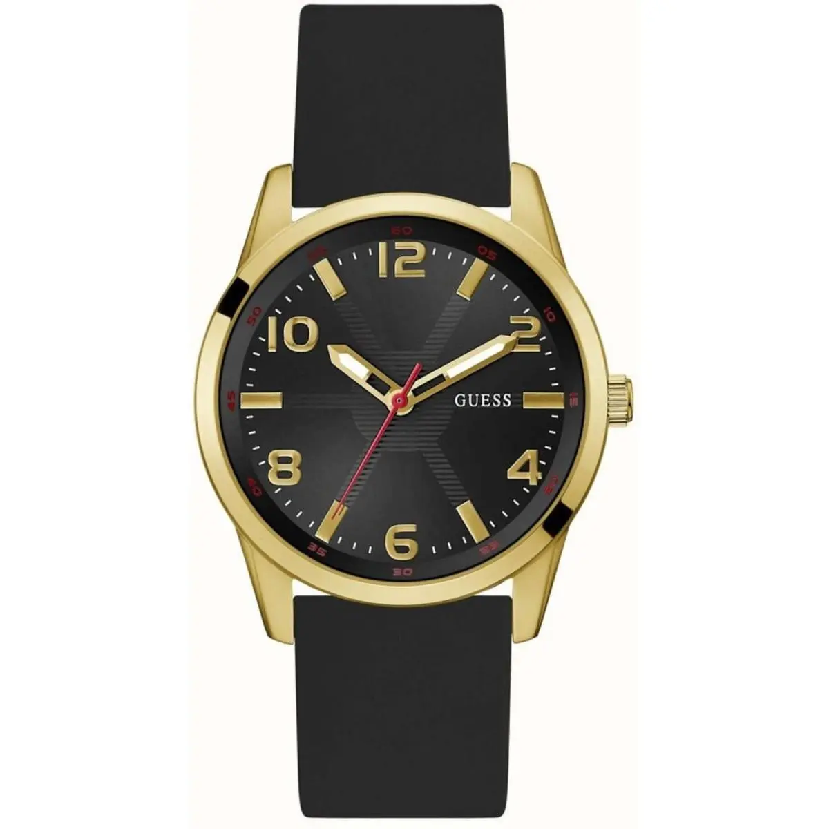 Guess Men`s Watch Monte Quartz Yellow Gold Case Black Silicone Strap GW0805G2