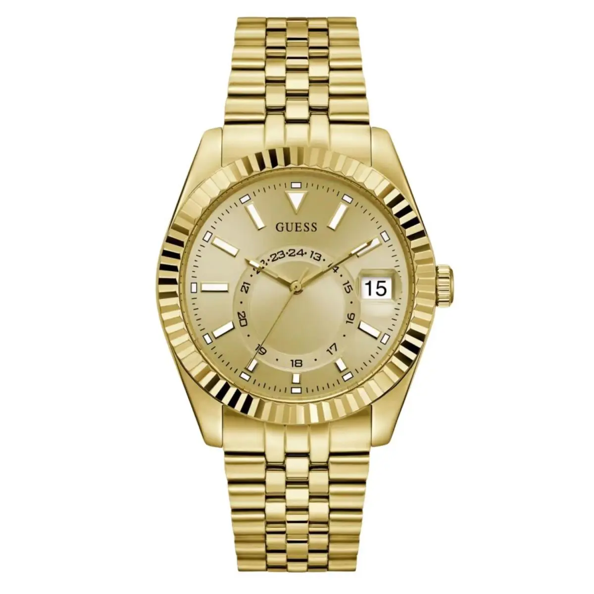 Guess Men`s Watch Quartz Gold Tone Dial Stainless Steel Bracelet Date GW0977G2