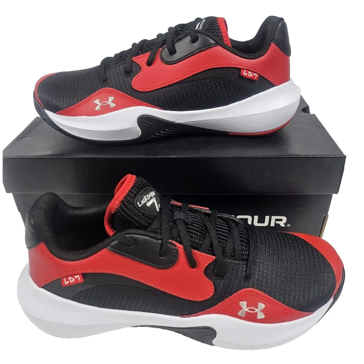 Under Armour Shoes Men`s 10 Lockdown 7 Low Black Red White Basketball Sneakers