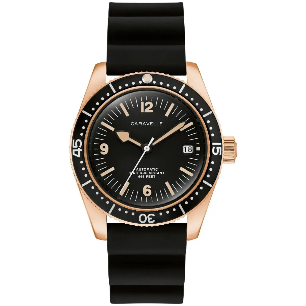 Caravelle Sea Hunter Auto Black Dial Rubber Band Men`s Watch 44B130