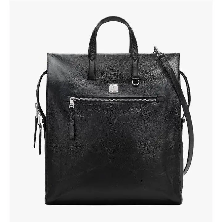 Mcm Klassik Tote in Crushed Black Leather