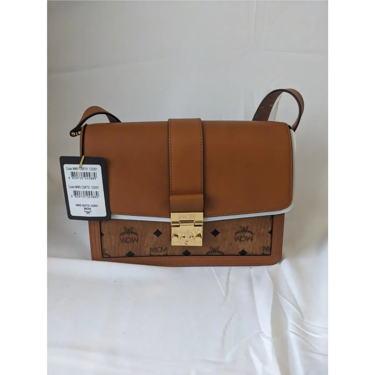 Mcm Women Tracy Visetos and Leather Cognac Shoulder Bag Medium