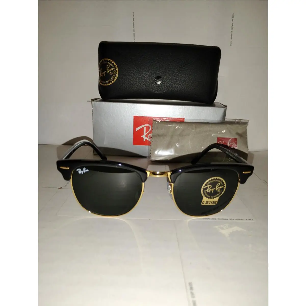 Ray-ban RB 3016 W0365 Sunglasses Clubmaster Black Gold Green Lens 51mm W/box