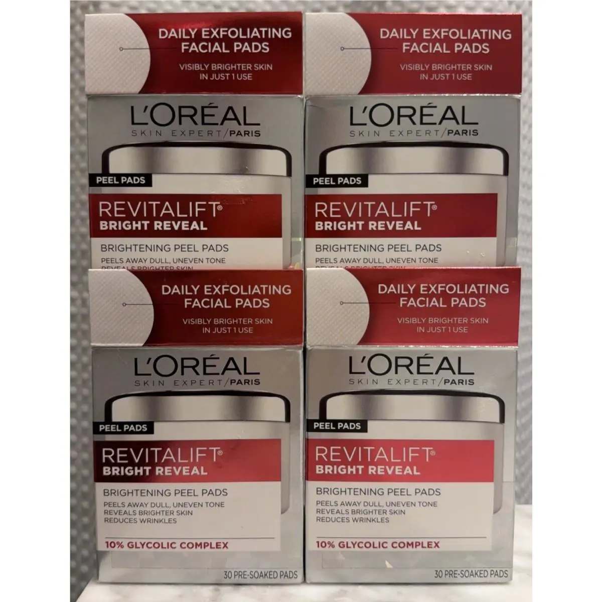 L`oreal Revitalift Peel Pads 3 Pack 30ct Each Bright Reveal Skincare Bundle