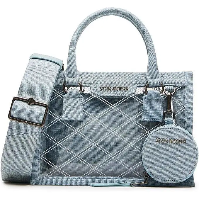 Steve Madden Celene Denim Clear Box Tote Interior Exterior Pouches Shoulder Bag