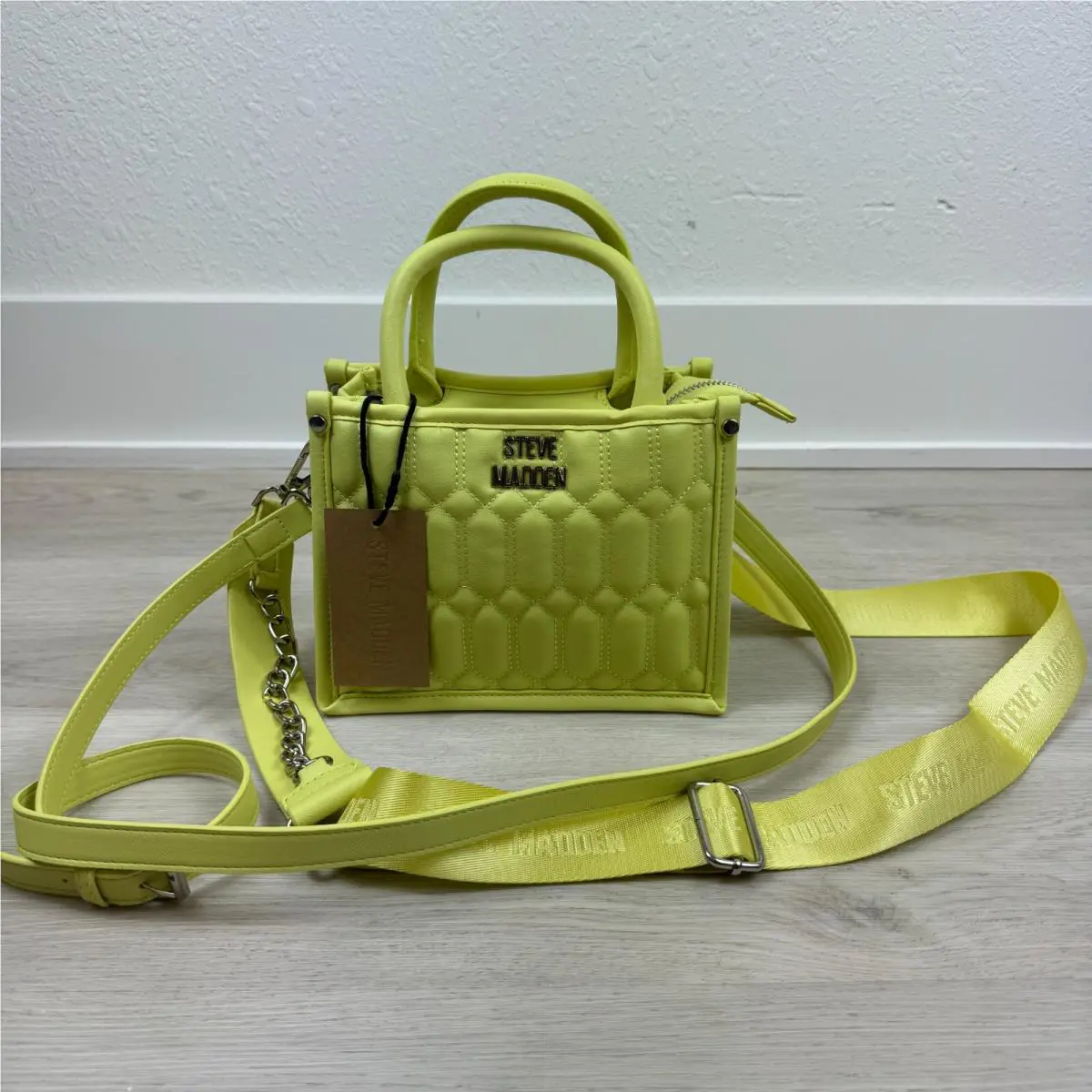 Steve Madden Bniko Quilted Crossbody Purse Bag Lemon Green Guitar Strap