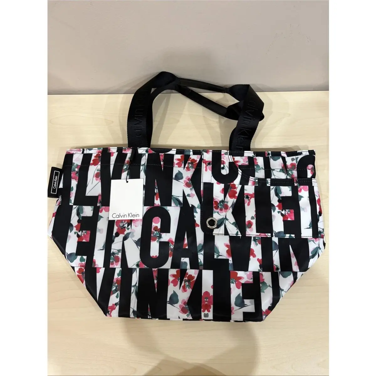 Athleisure Large Tote 18”x11”x9” Black White Red Floral by Calvin Klein