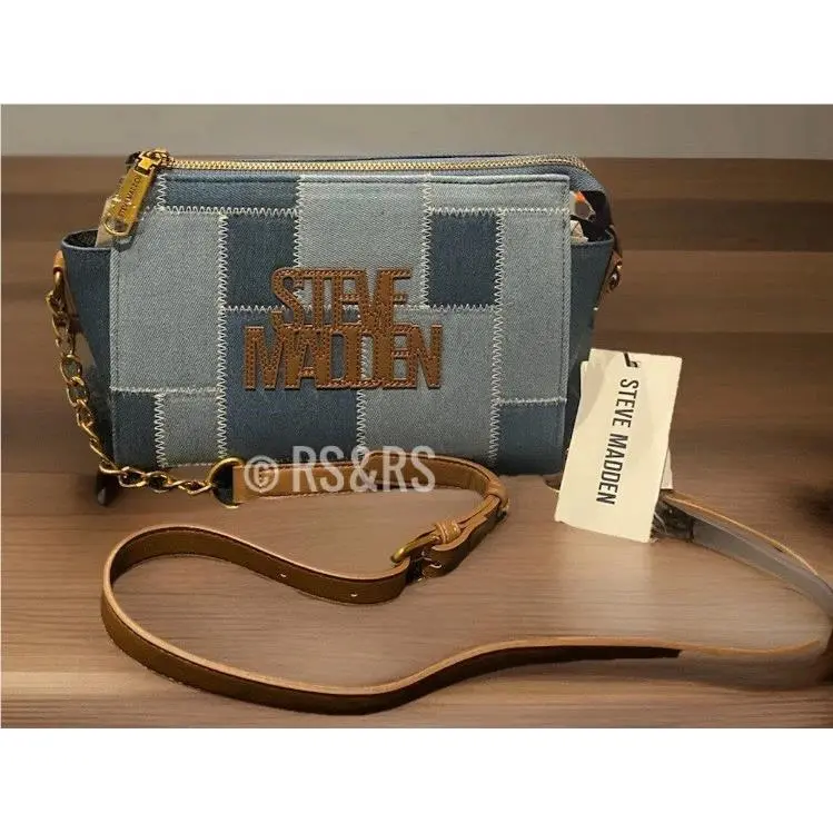 Steve Madden Blue Denim 3 Tone Patchwork Print Crossbody Bag
