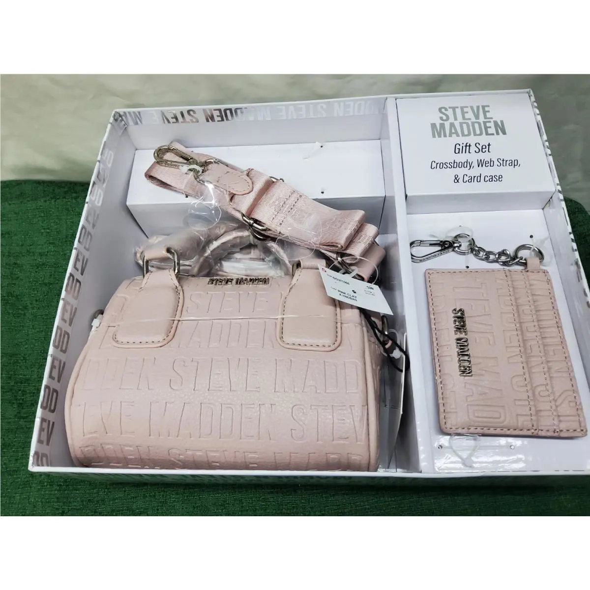 Steve Madden Gift Set Crossbody Purse Webbed Strap and Coin Purse Keychain Pink
