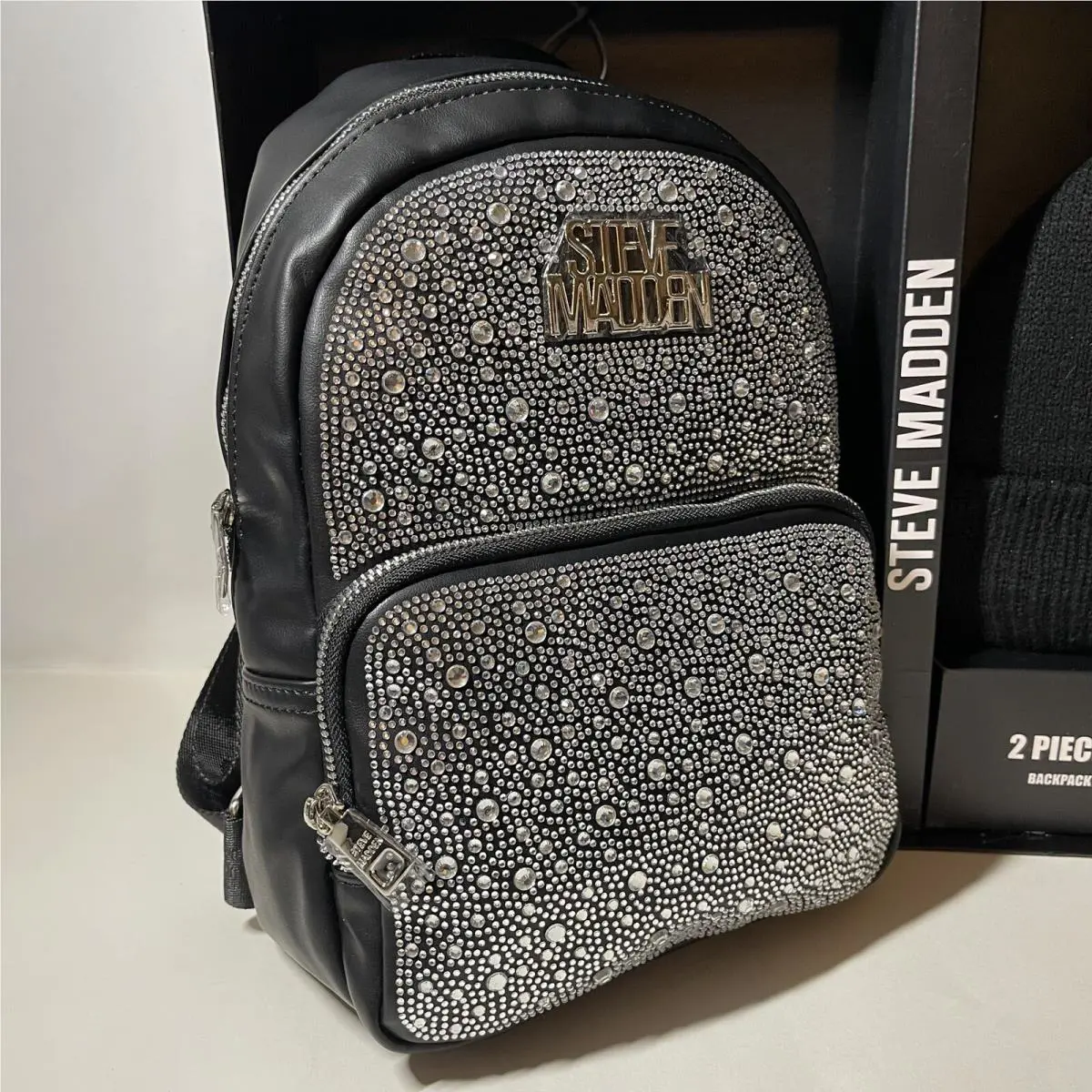 Steve Madden 2 PC Gift Set Bling Rhinestone Backpack Bag Winter Hat Black