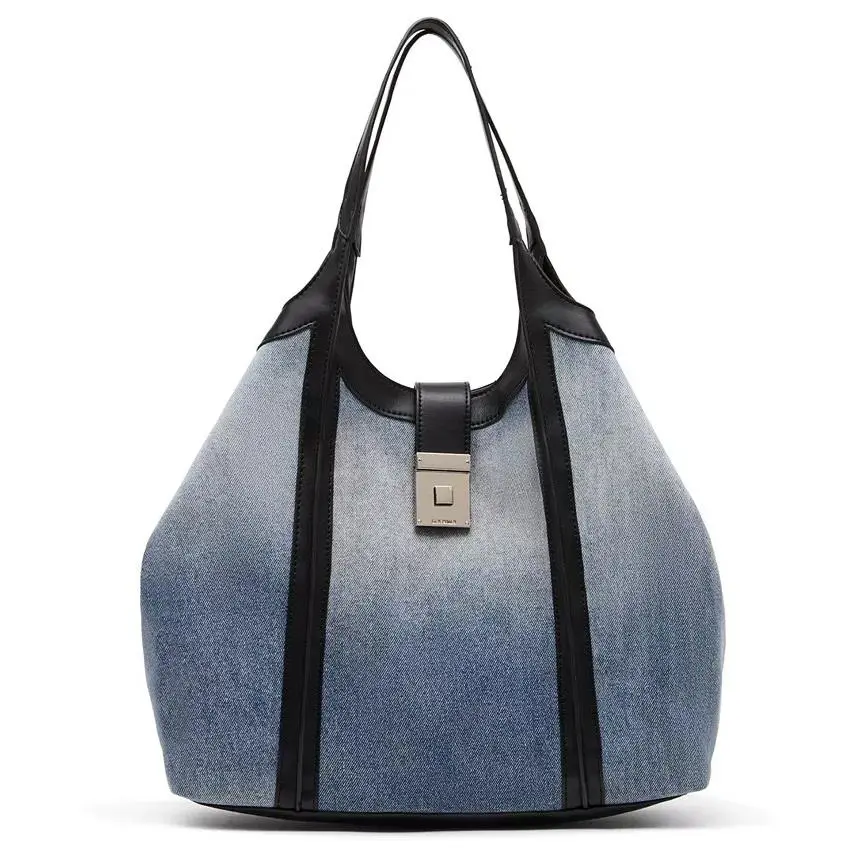 Steve Madden Shiloh Distressed Denim Black Leather Trim Hobo Shoulder Bag