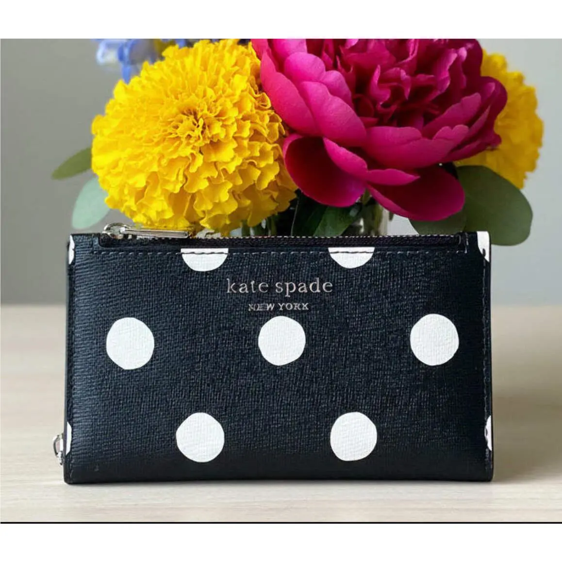 Kate Spade Morgan Slim Bifold Wallet Black Polkadot Small White Gift Box