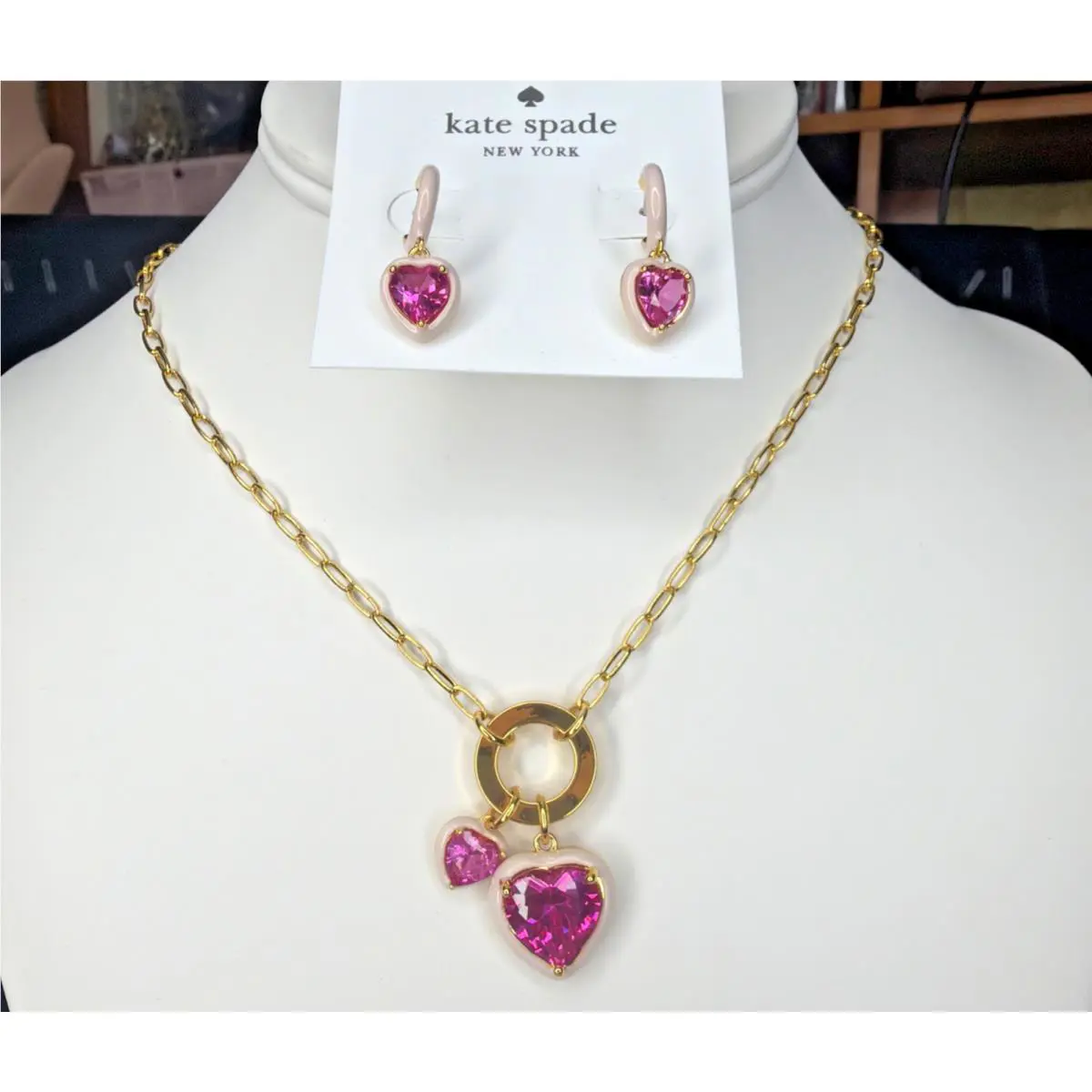 Kate Spade Berry Rose Heart Necklace Earrings Set Gold Enamel Giftable