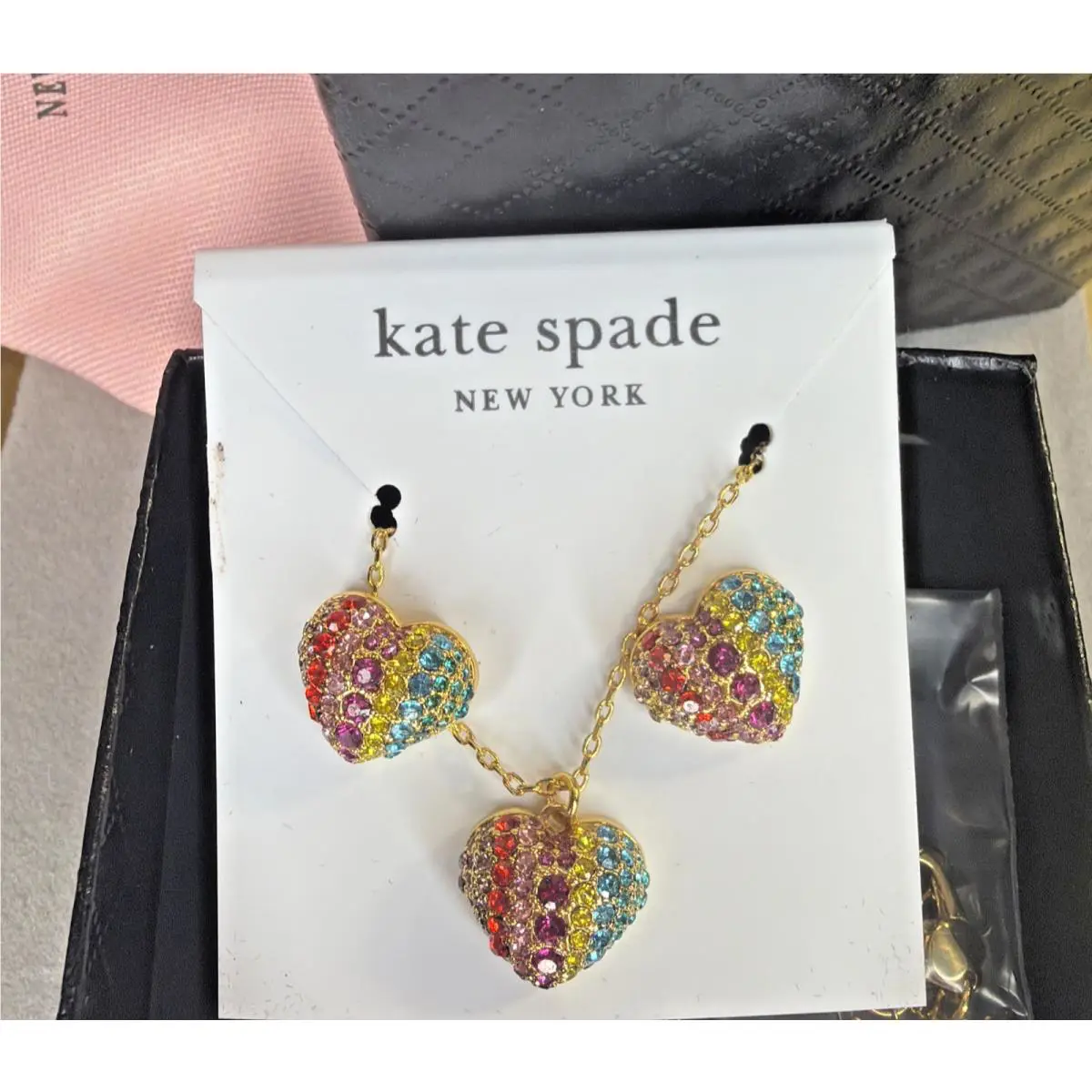 Kate Spade Rainbow Joy Heart Necklace w Stud Earrings Multi-color New Gift Box