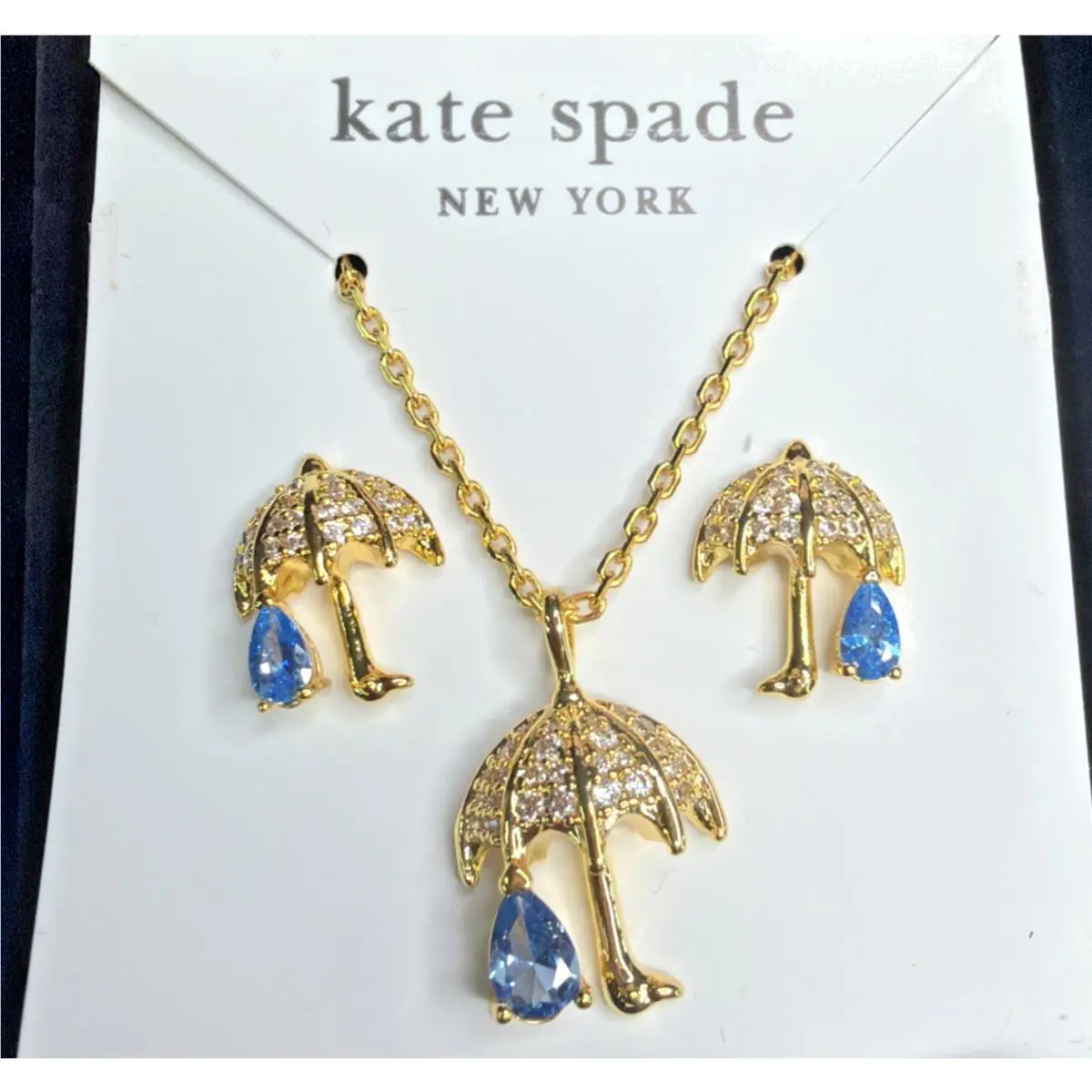 Kate Spade Rain or Shine Pave Umbrella Raindrop Necklace Earrings Gift Set Box
