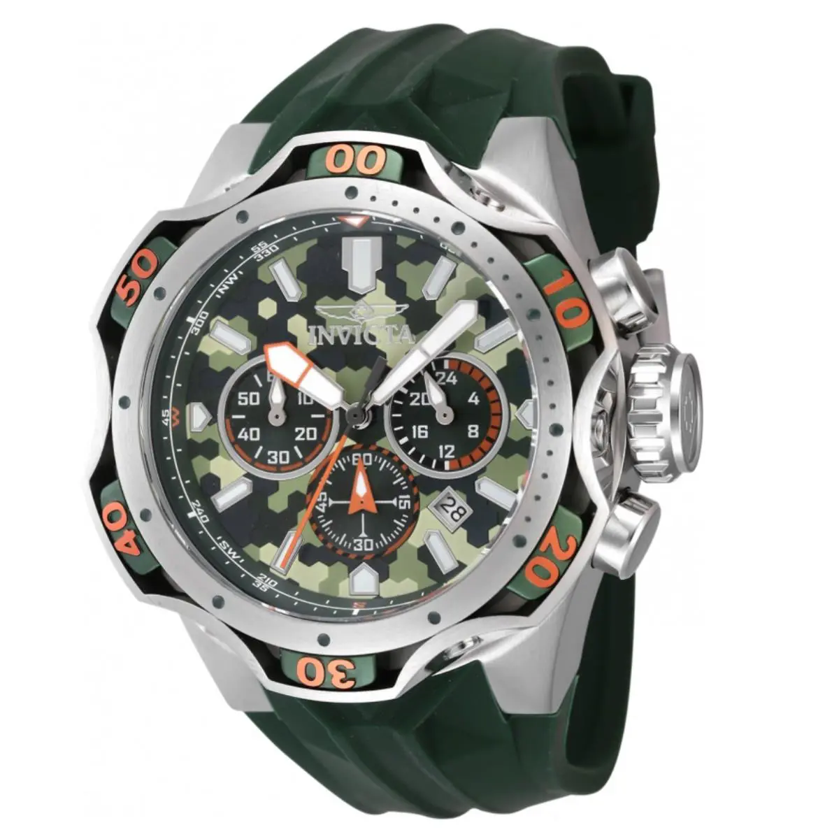Invicta Venom Combat Men`s 52mm Jungle Camo Quartz Chrono Watch 47759 - Dial: Black, Green, Multicolor, White, Band: Green, Bezel: Green, Orange, Silver