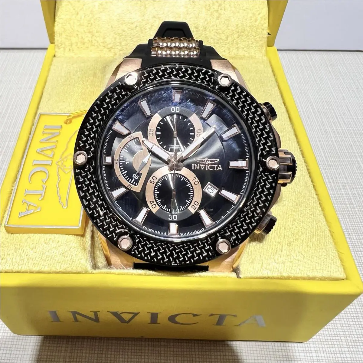 Invicta Speedway Men`s Watch Rose Gold and Black Strap Quartz Chronograph 22402