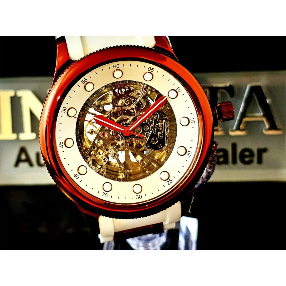 Invicta Pro Diver Automatic Men`s Watch w/ Skeleton Dial Red and White + Box