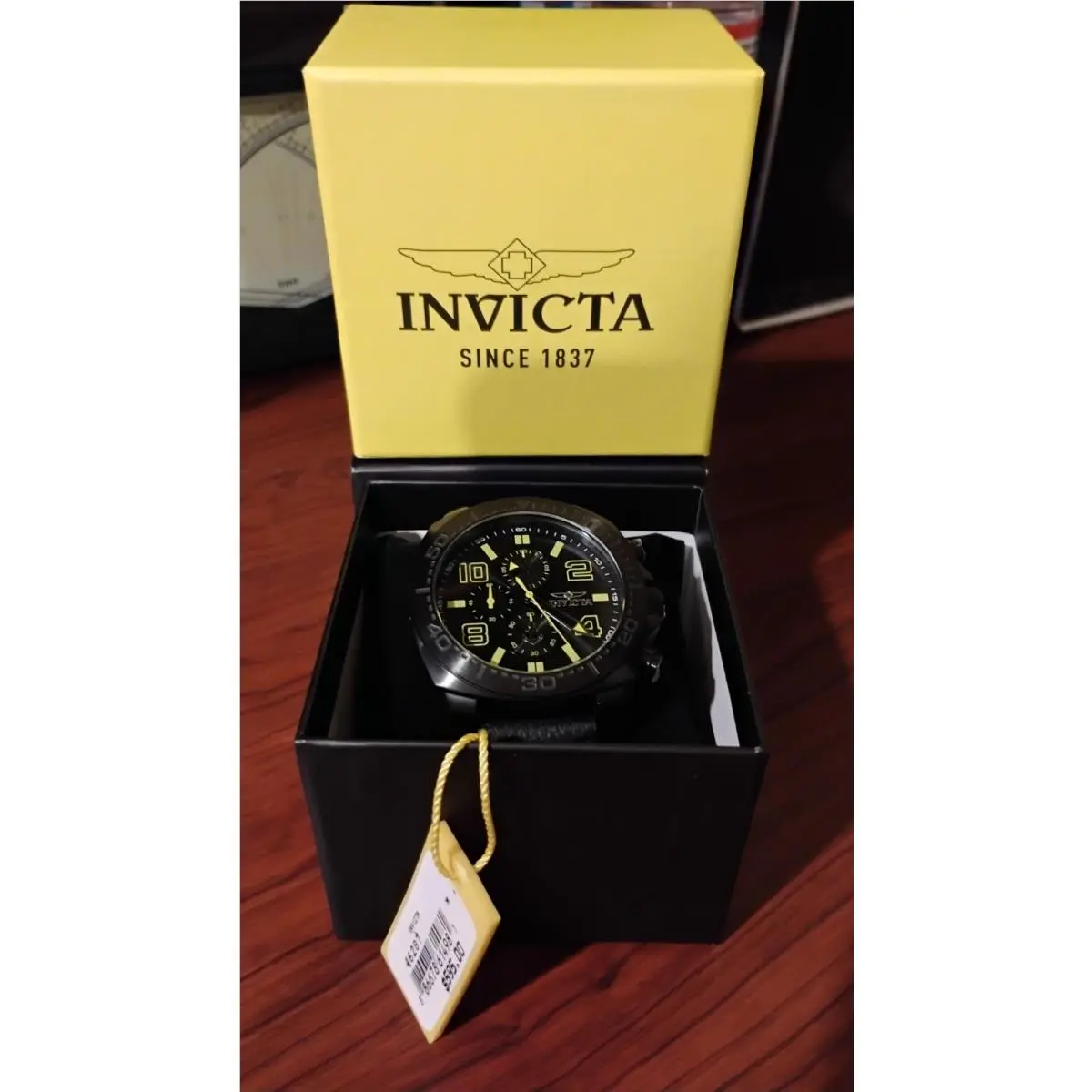 Invicta Ocean Voyage Men`s Blackline GT 46mm Black Leather Chrono Watch 46287 - Dial: Black, White, Yellow, Band: Black, Yellow, Bezel: Black