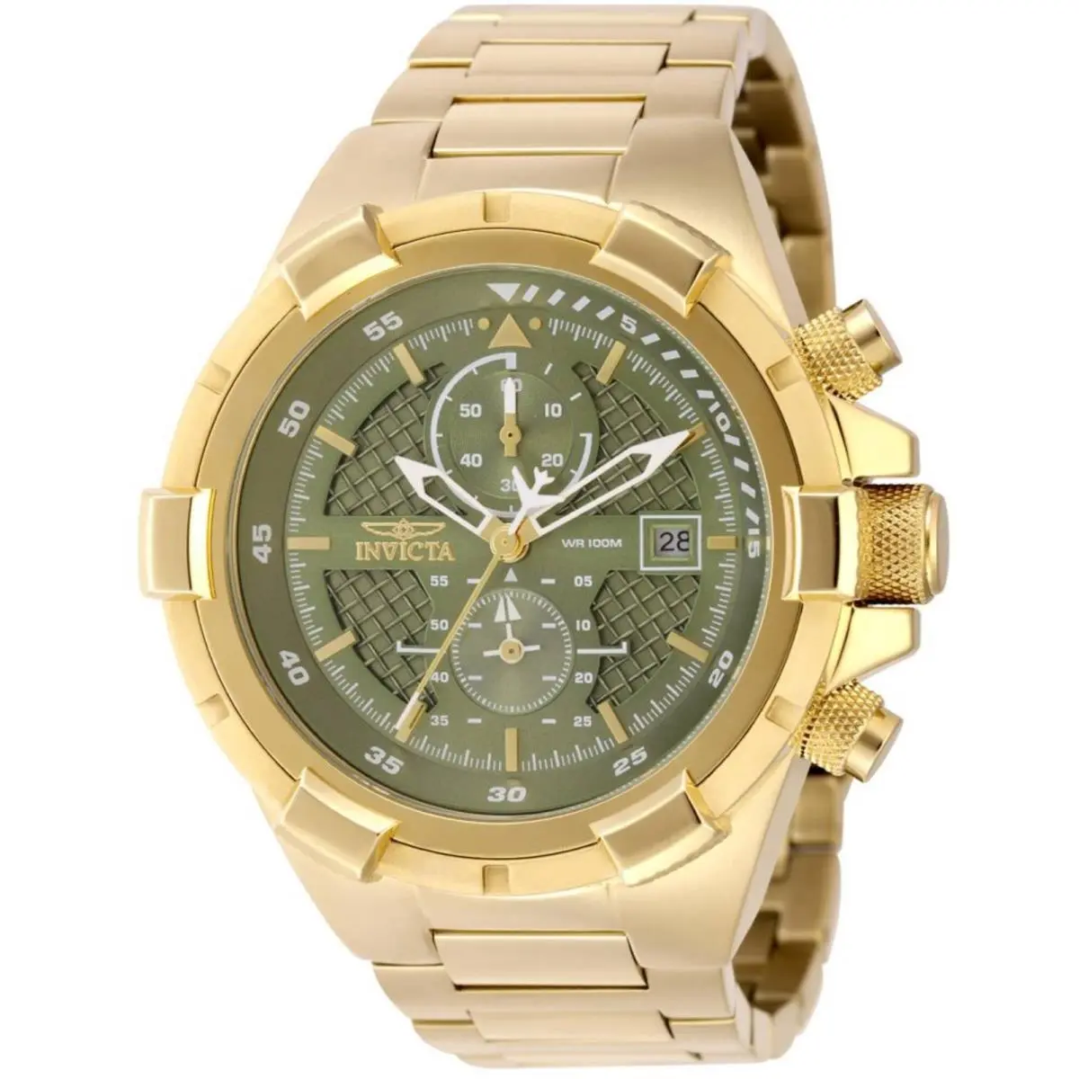 Invicta Aviator 49255 Men`s Green Dial Gold Steel Quartz Watch 100m WR