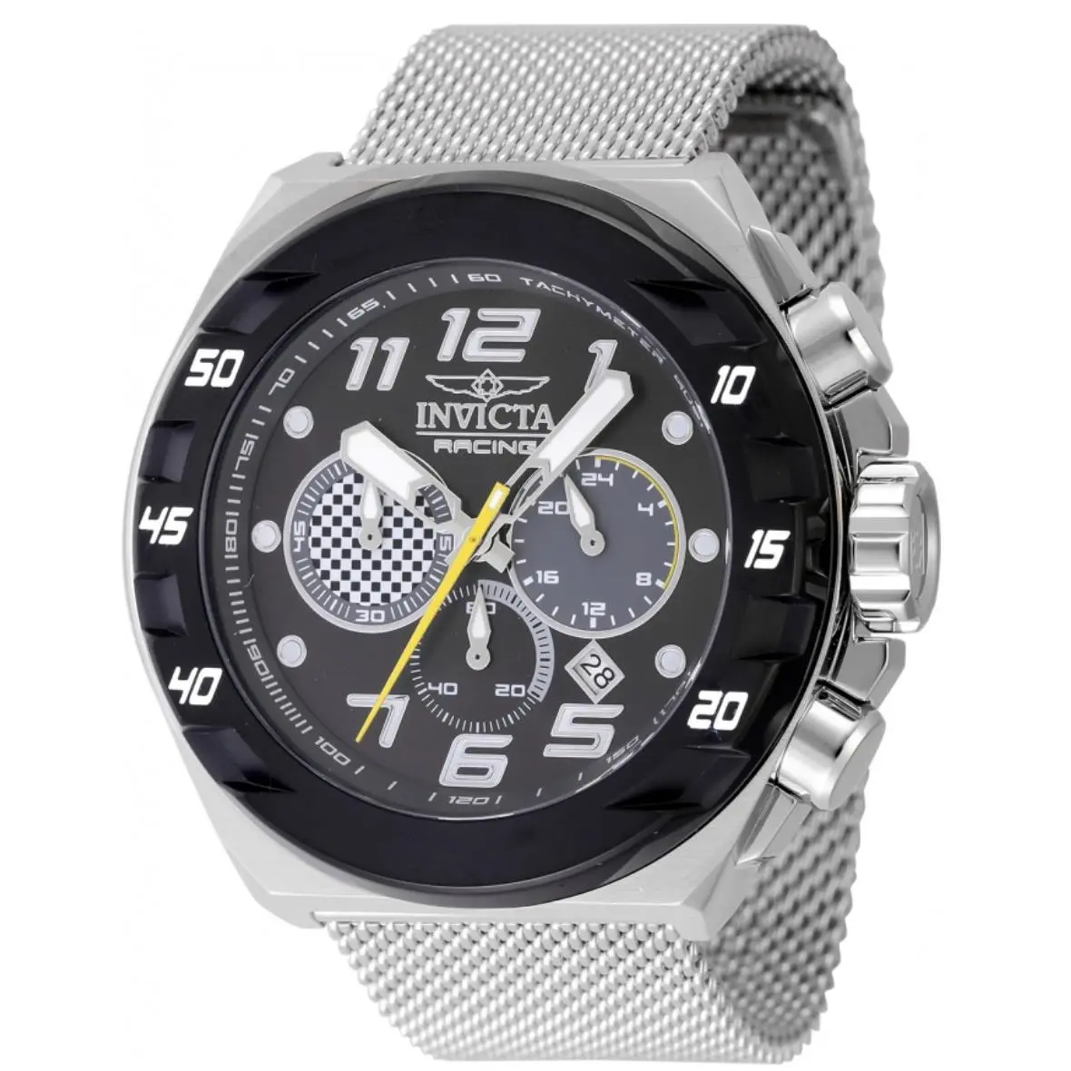 Invicta Racing Men`s 48mm Black Stainless Mesh Bracelet Chronograph Watch 47203 - Dial: Black Silver White Yellow, Band: Silver, Bezel: Black White