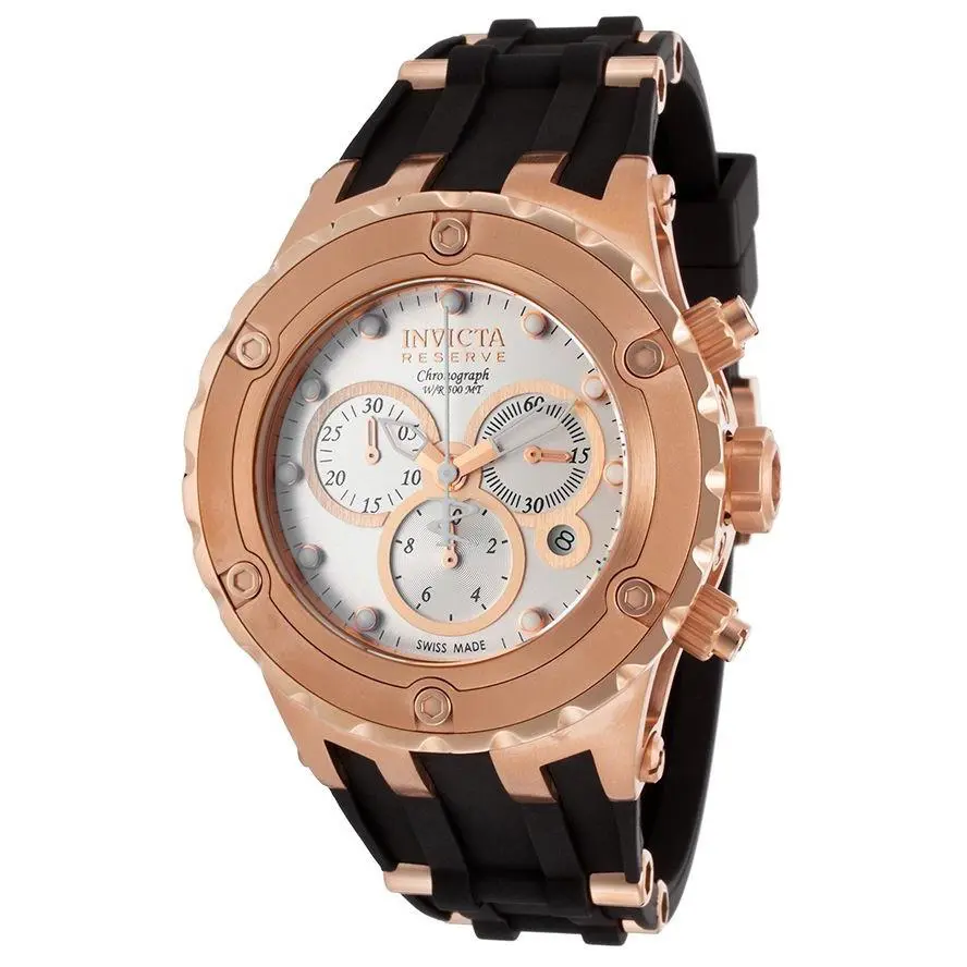 Invicta 80414 Subaqua Reserve Chronograph Rose Gold-tone Silver Dial Men`s Watch - Dial: Silver, Band: Black, Manufacturer Band: Black