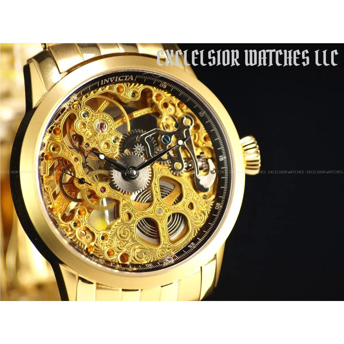 Nos Invicta 46mm Men`s Skeleton Dial Manual Wind 23k Gold Plated SS Watch