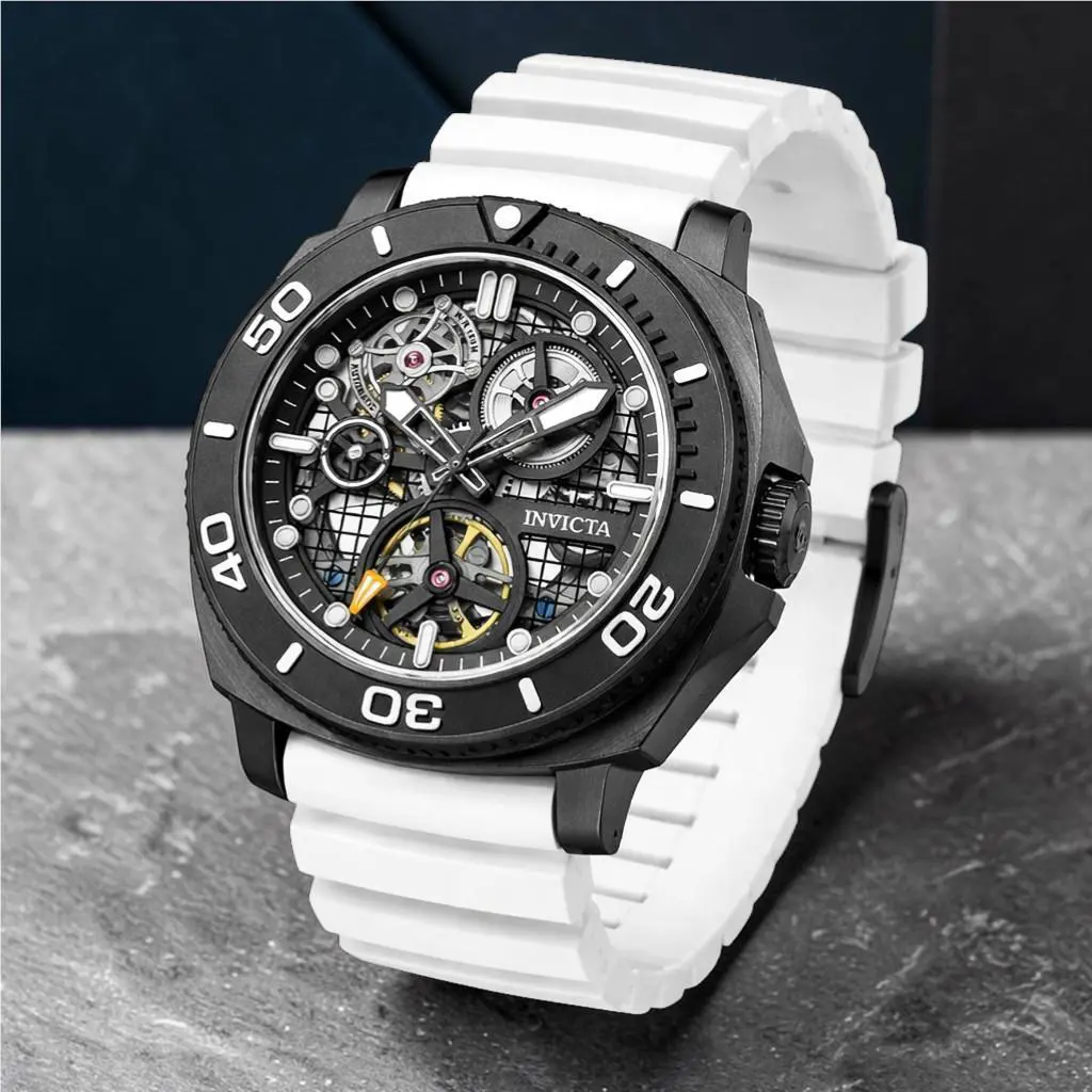 Invicta Men`s Watch Automatic Skeleton Dial White Silicone Band 69461