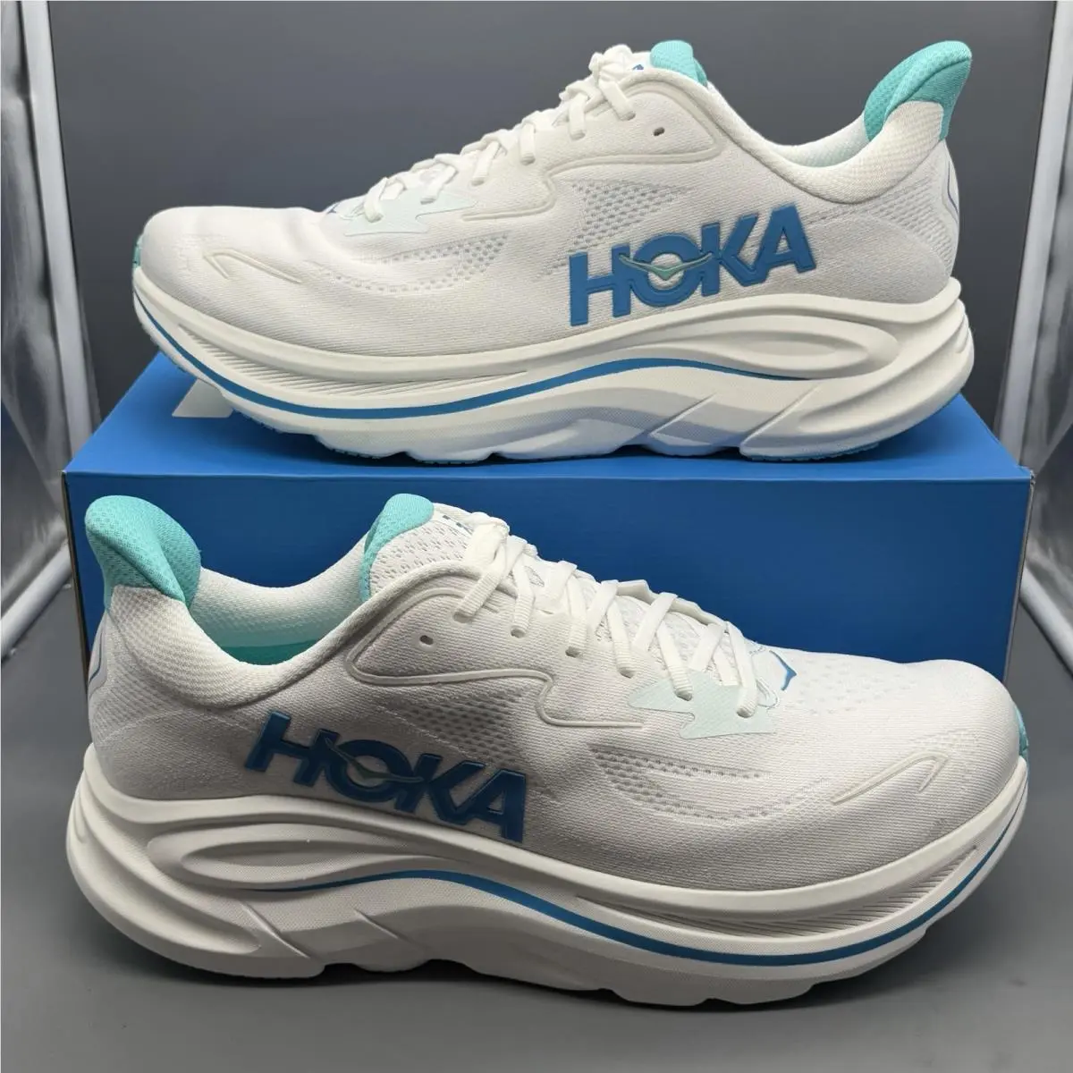 Hoka One One Clifton 10 Men’s 14 D Running Shoes Gym Training White Skyward Blue