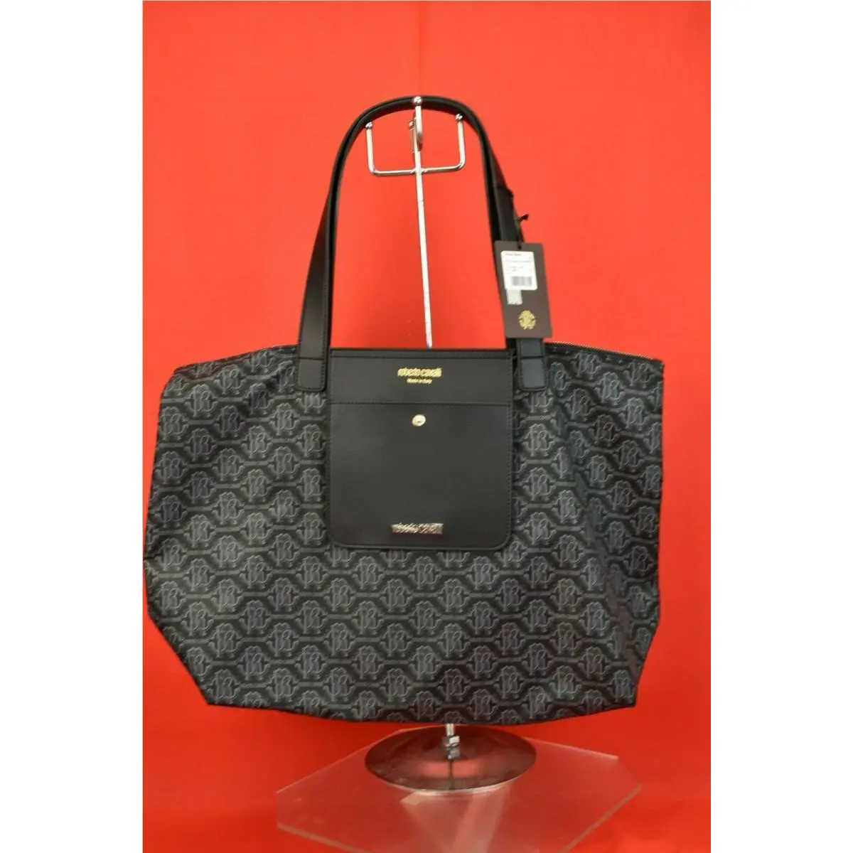Roberto Cavalli Borsa Black Large Nylon Monogram Print Logo Folding Shopper Bag