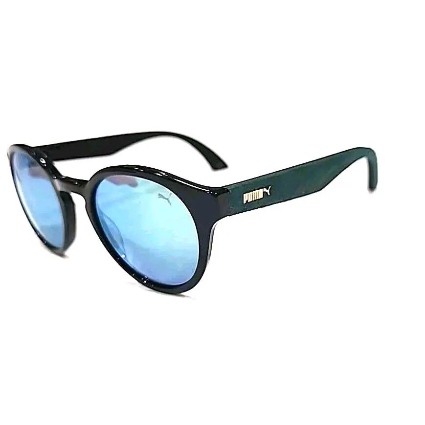 Puma PU0103S 005 Black Green Round Leather Sunglasses 49-21 140 Box Pouch