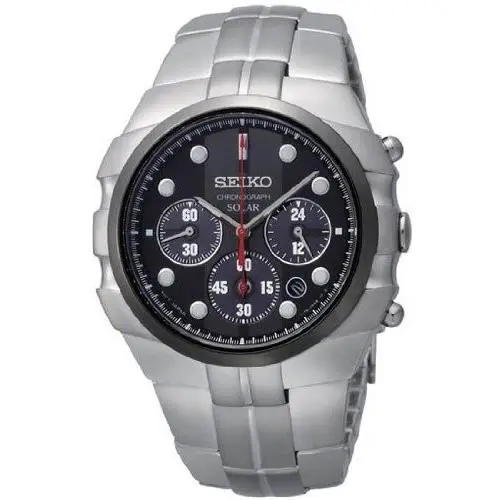 Seiko Solar Black Dial Chrono Stainless Steel Men`s Watch SSC089 - Dial: Black, Band: Silver, Bezel: Silver