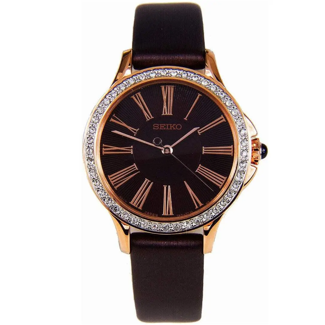 Seiko Swarovski Gold/brown Dial Leather Strap Women`s Analog Watch SRZ446P1