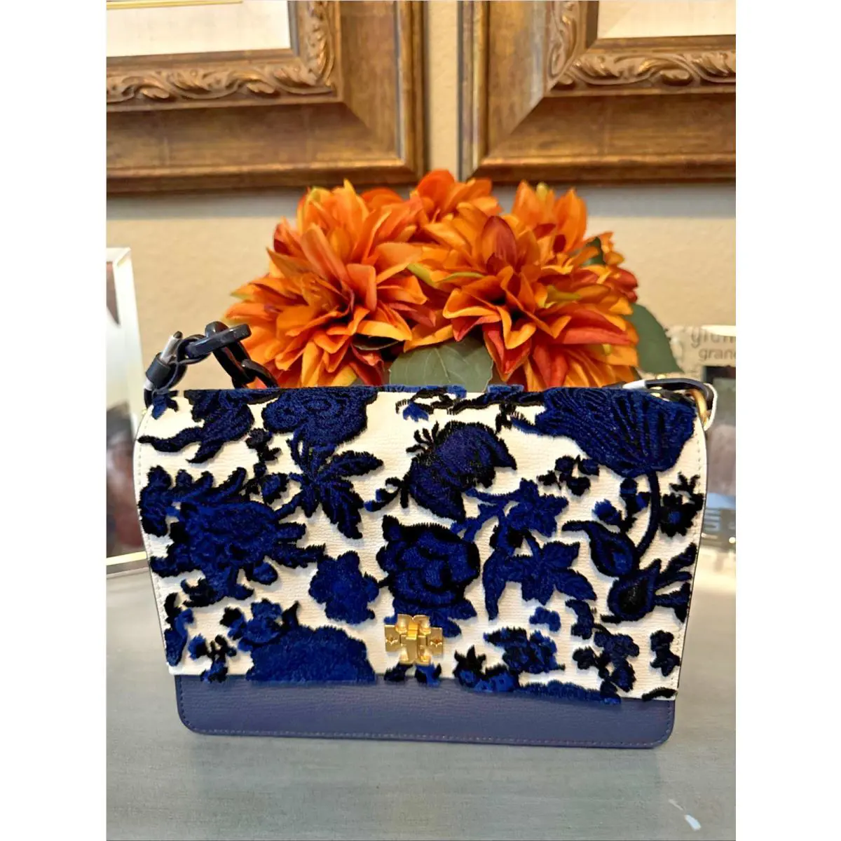 Tory Burch Kira Fil Coupe Velvet Embossed Leather Shoulder Purse