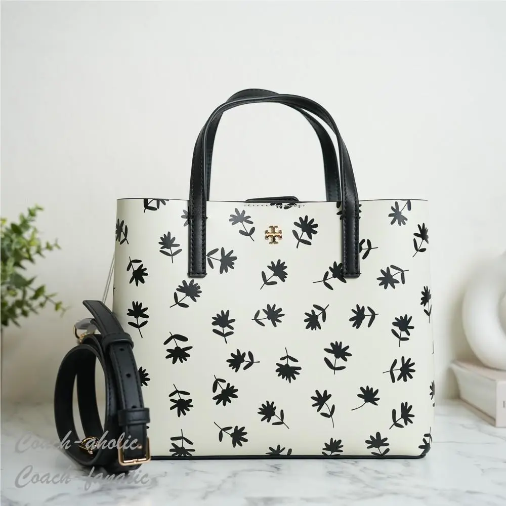 Tory Burch Blake Printed Small Leather Tote in Black Scatter Daisy Floral
