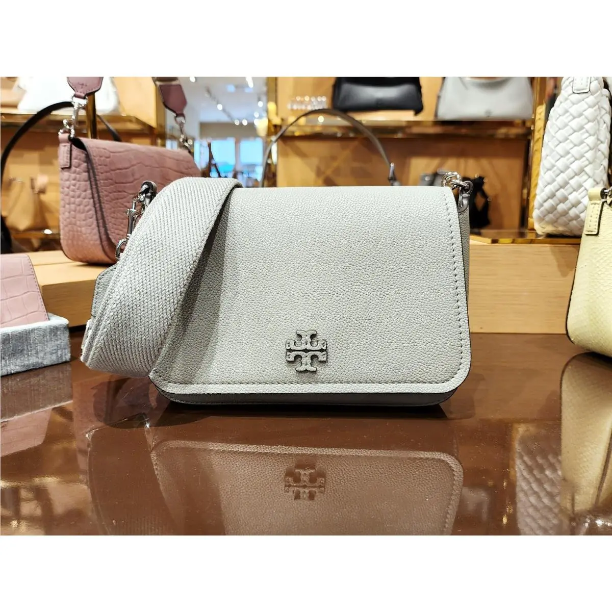 Latest Tory Burch Thea Gray Pebbled Leather Flap Crossbody Shoulder Bag 170477