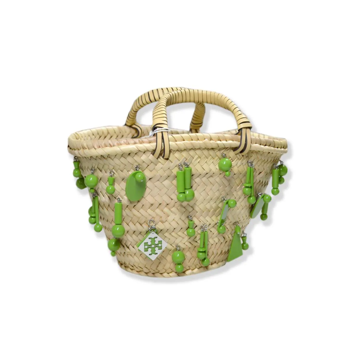 Tory Burch Womens Beige Green Raffia Woven Basket Bag with Enamel Beads TB-207