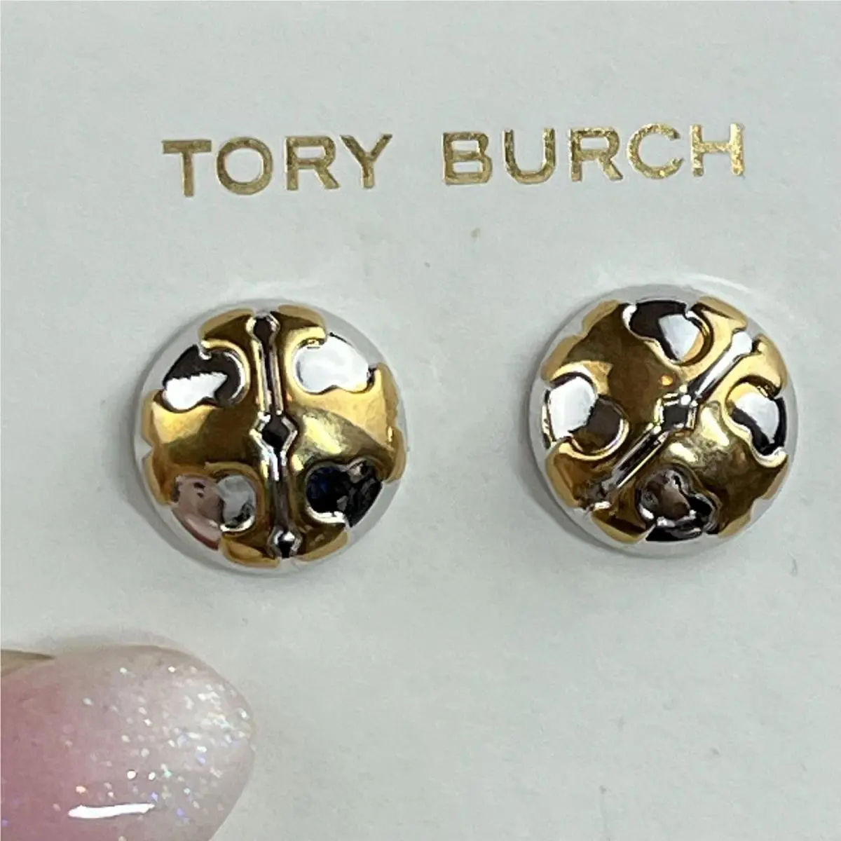 Tory Burch Earrings Gold Silver Tone Round Logo Stud Women Jewelry Modern Signed