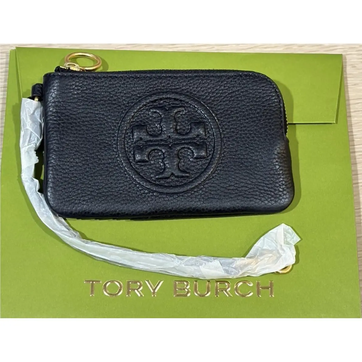 Tory Burch Perry Bombé Leather Wristlet Zip Card Case Black