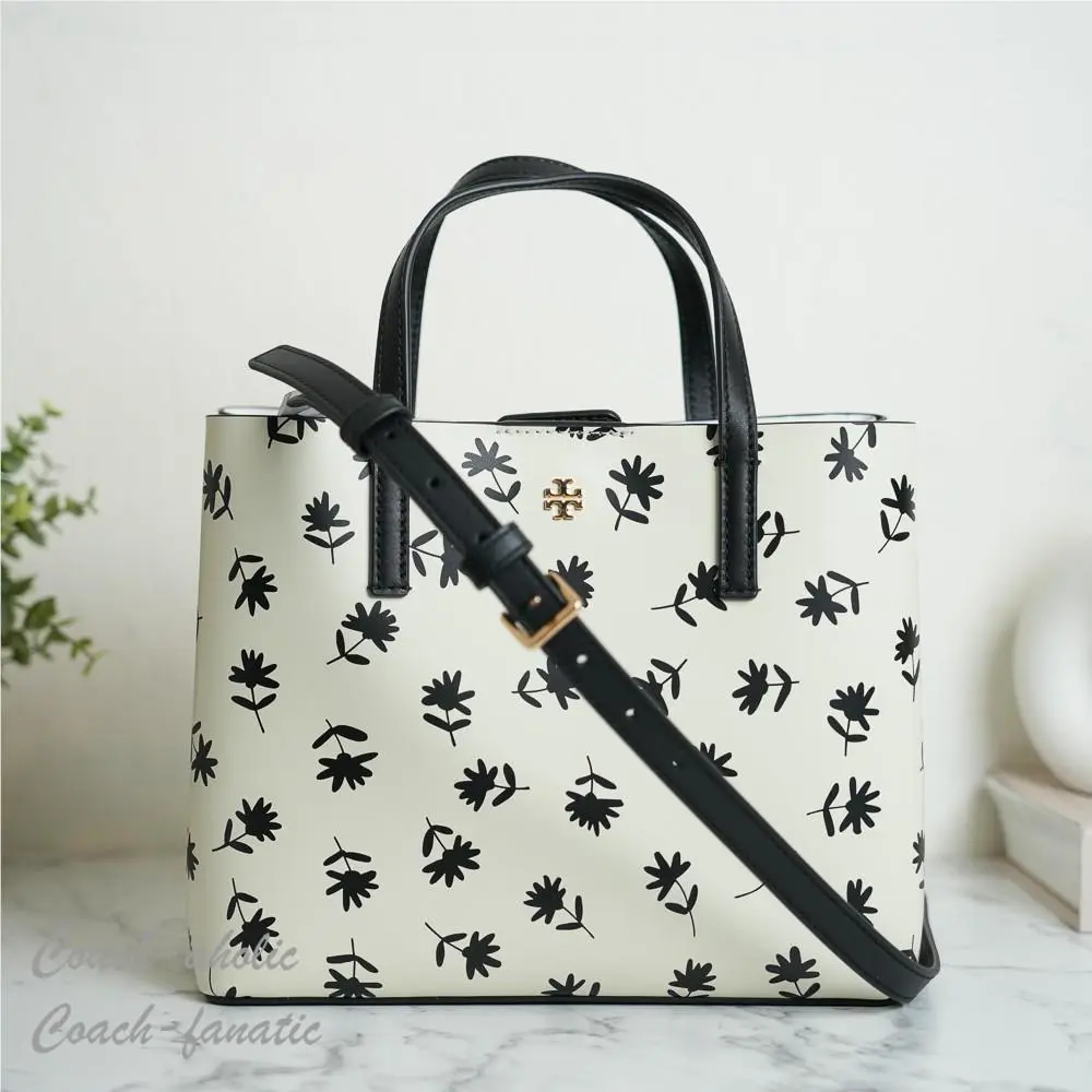 Tory Burch Blake Printed Small Leather Tote in Black Scatter Daisy Floral