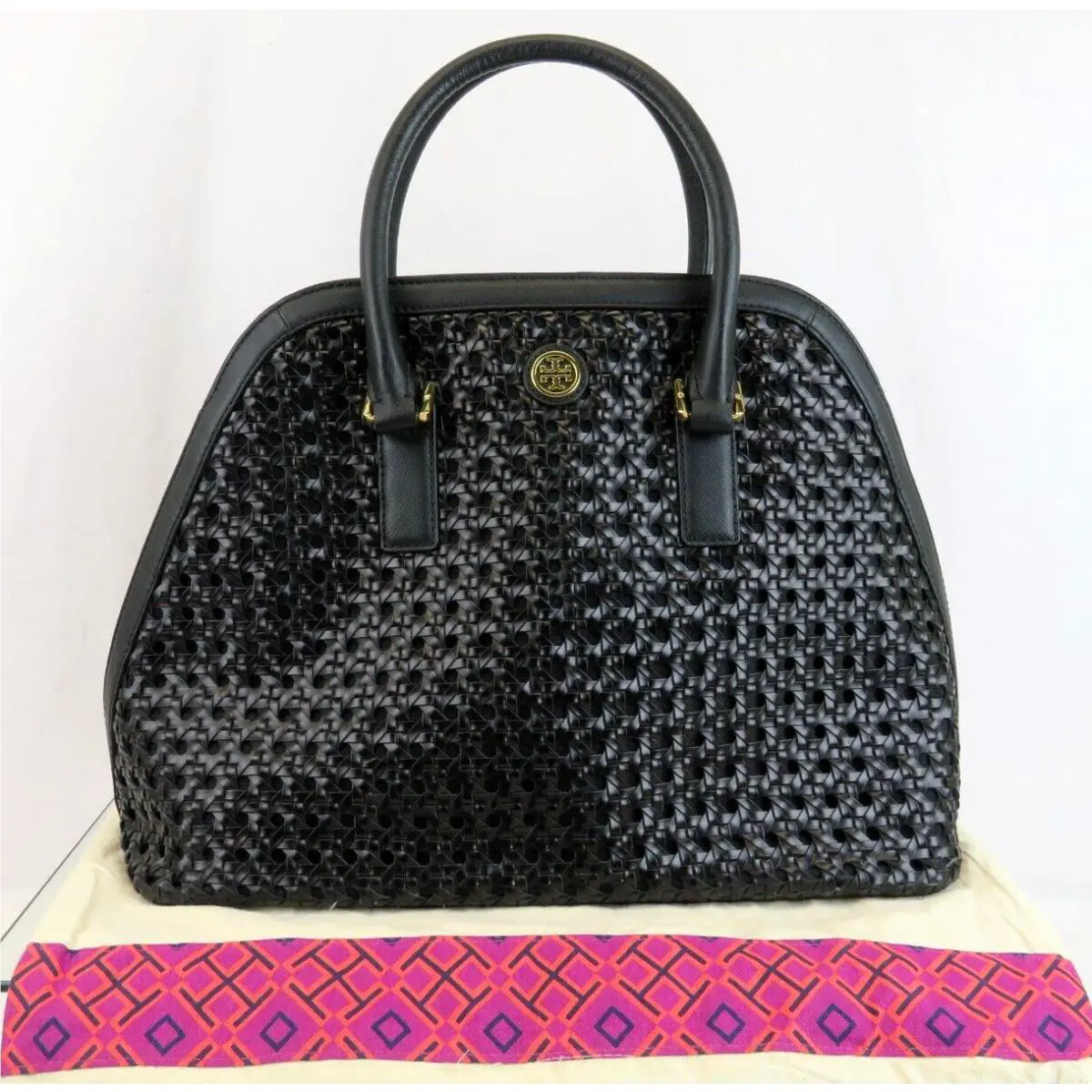 Tory Burch Robinson Black Basket Woven Leather Logo Satchel Tote Handbag