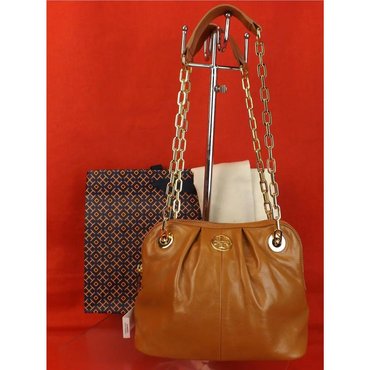 Tory Burch Luggage Leather Dena Reva Gold Double Chain Zip Mini Bag