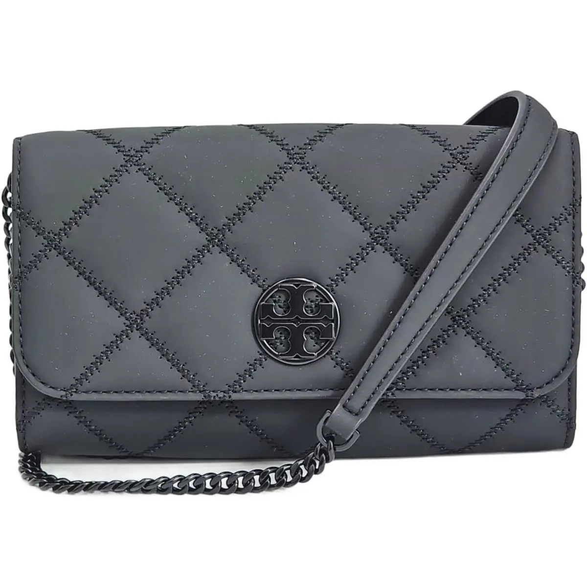 Tory Burch Flat Black Matte Willa Quilted Leather Chain Wallet Bag TB-136