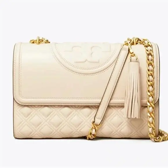 Tory Burch Fleming Large Leather Shoulder Crossbody Bag Cream