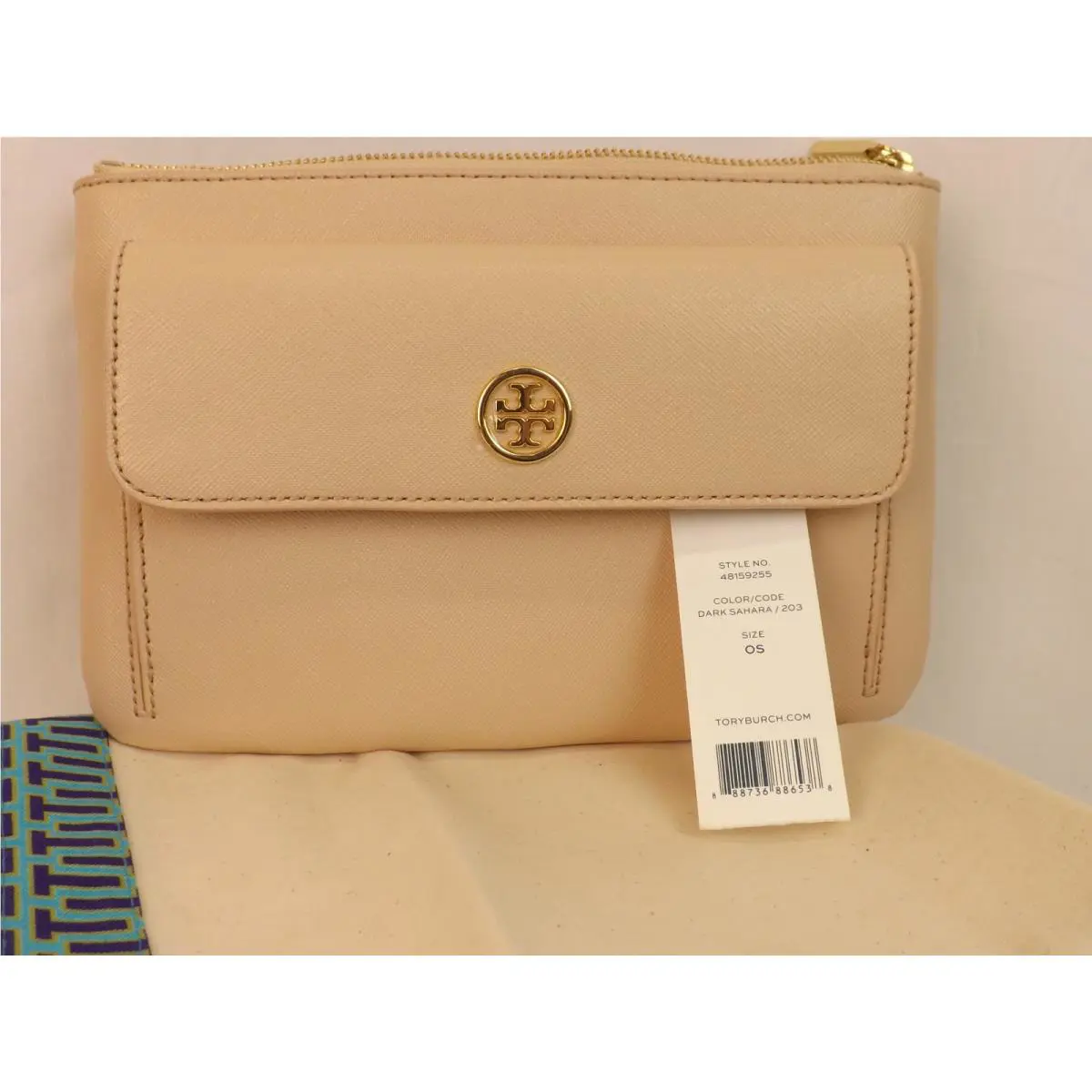 Tory Burch Robinson Saffiano Beige Leather Reva Pouch Clutch Zip Wallet