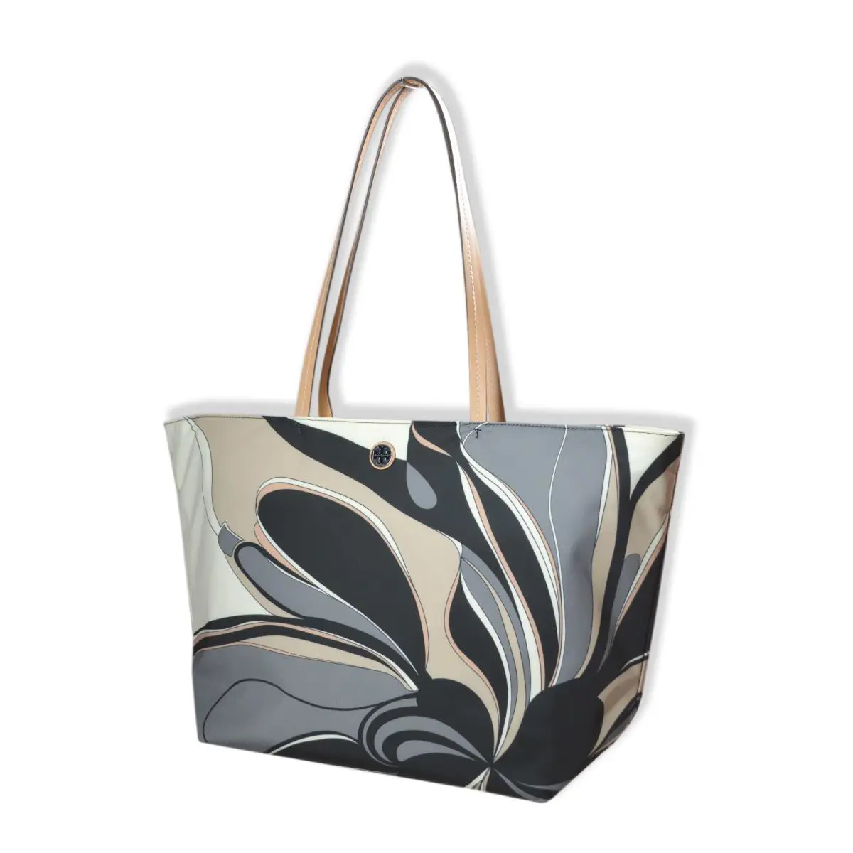 Tory Burch Womens Black Beige Printed Nylon Zip Up Ella Tote Bag Purse TB-162 - Handle/Strap: Black, Hardware: Silver, Exterior: Beige